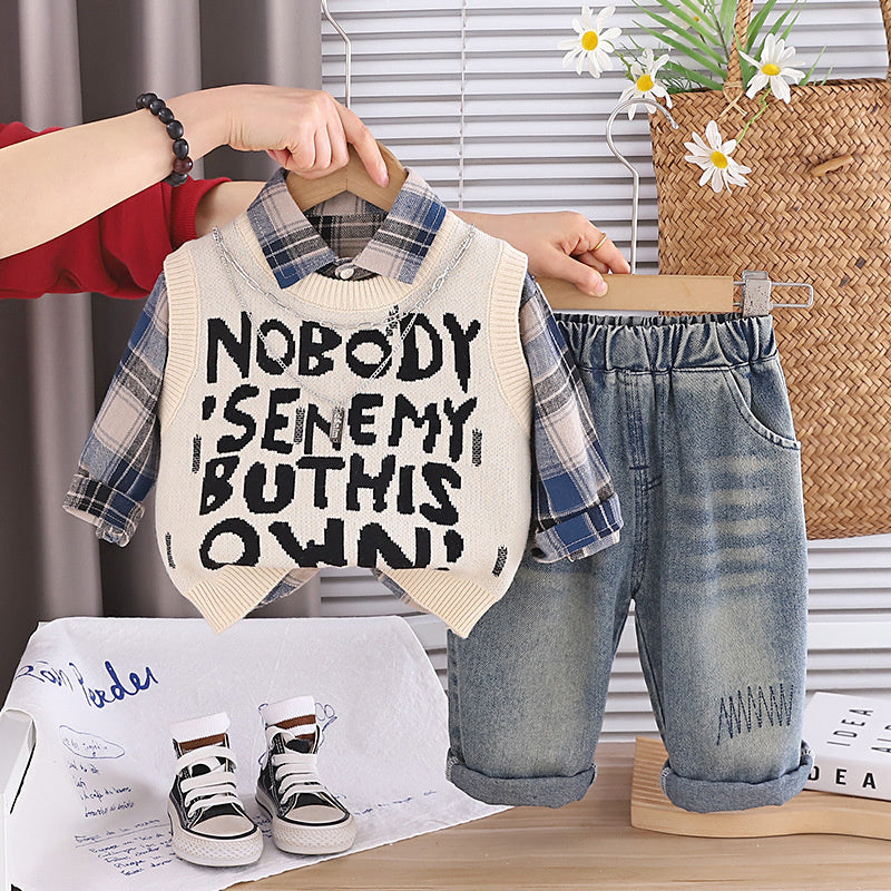 Baby clothes fashion Korean style full-body letter sweater three-piece set for one-year-old boys, trendy spring and autumn outfit