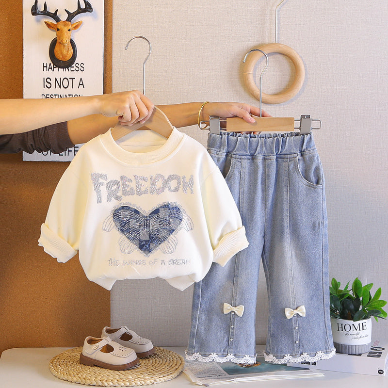 Girls' Heart-Shaped Bow Sweatshirt Set, 2026 New Fashionable Baby Girl Spring Outfit, Casual Two-Piece Set