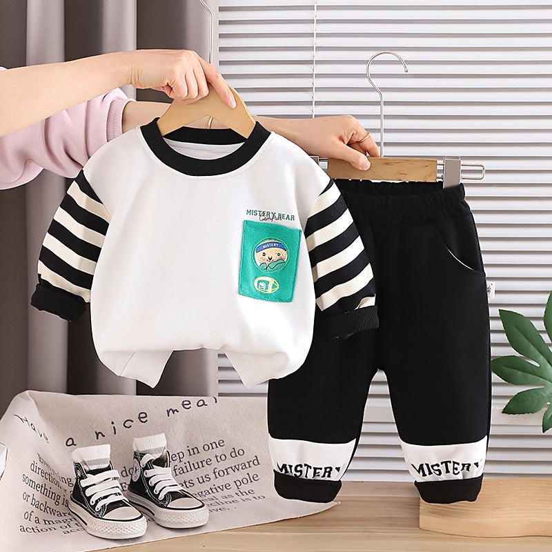 Boys' Autumn Outfit: Stylish Cartoon Pocket Bear Color-Block Sweatshirt Two-Piece Set, Cute Toddler Clothes for Babies and Children