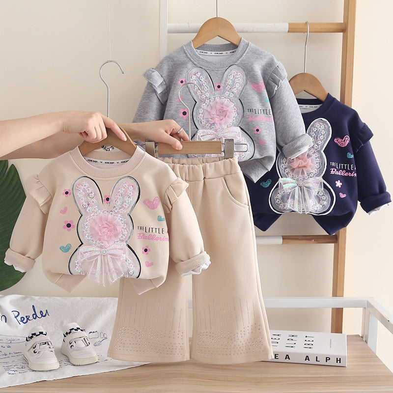 Baby girl casual rabbit sweatshirt two-piece set, children's fashionable outfit, girls' sporty spring and autumn long-sleeve clothing trendy