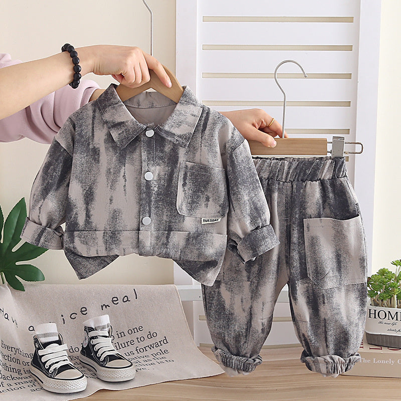 Boys' outfit stylish cool, baby spring autumn tie-dye pocket two-piece set, infant and toddler trendy clothing