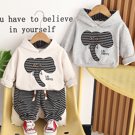 Boys' Spring and Autumn Outfit 2026 New Fashionable 3-Piece Set Children, Long-Sleeve Elephant Hoodie Two-Piece Set, Baby Clothes for 1-Year-Old Boys