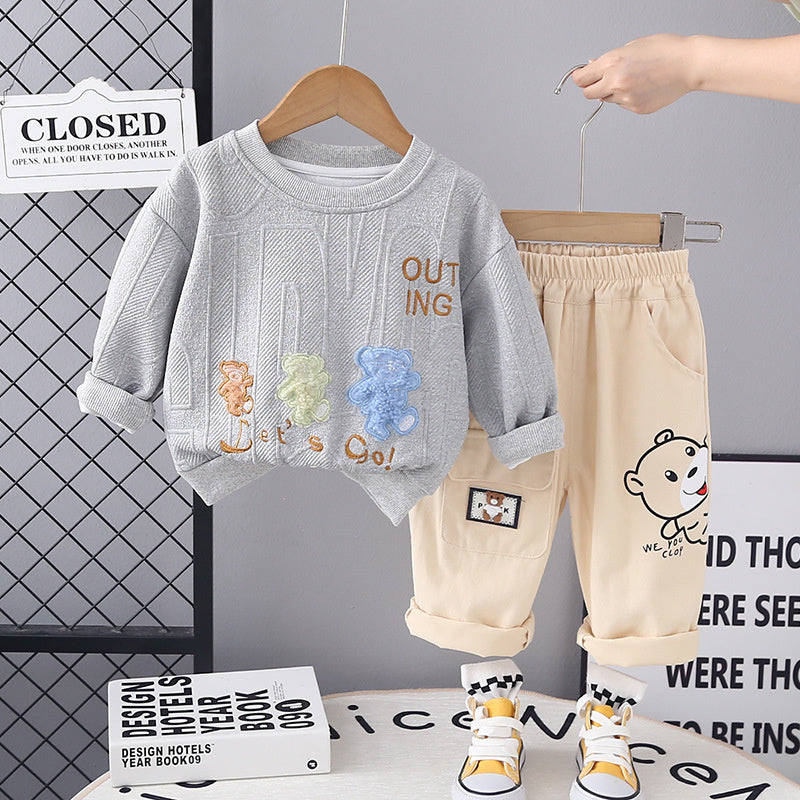 Infant Spring and Autumn Round Neck Children's Clothing Boys New Long Sleeve Three Bears Sweatshirt Two-Piece Set One Piece Dropshipping