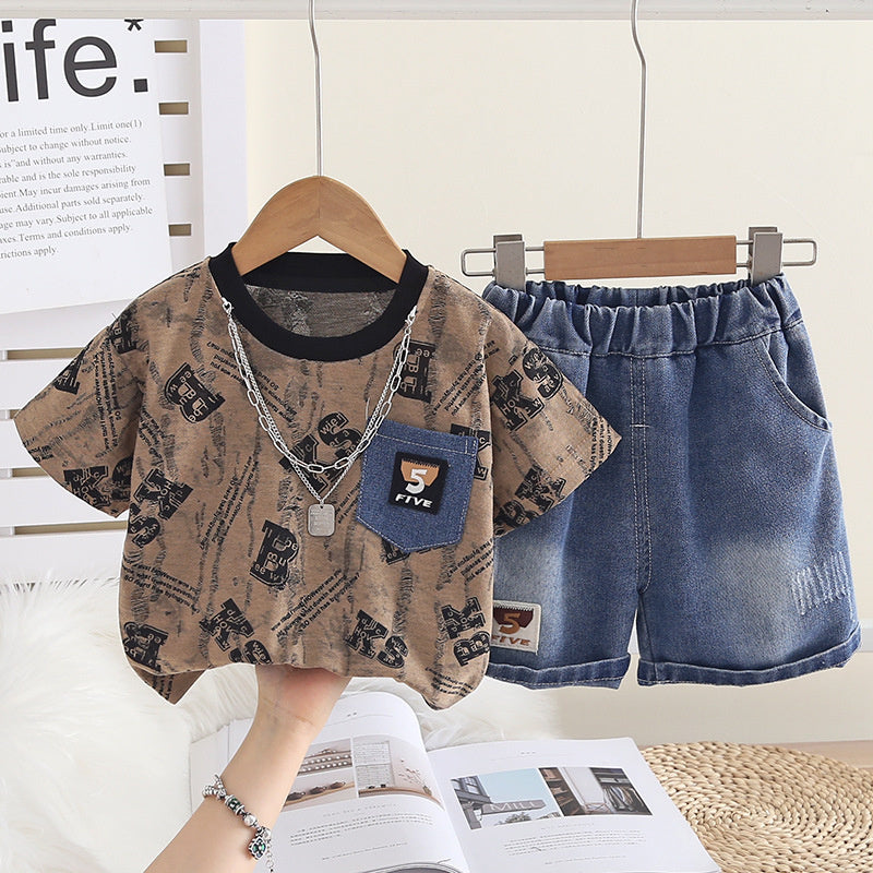 Boys' Outfit 2026 New Fashionable Two-Piece Set Baby Summer Full-Print Letter Short-Sleeve Infant Clothes Trendy