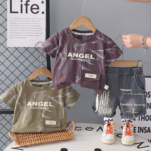 Boys' Summer Outfit 2026 New Fashionable Children's Printed Letter Pocket Short Sleeve Shorts Two-Piece Set Baby Trendy