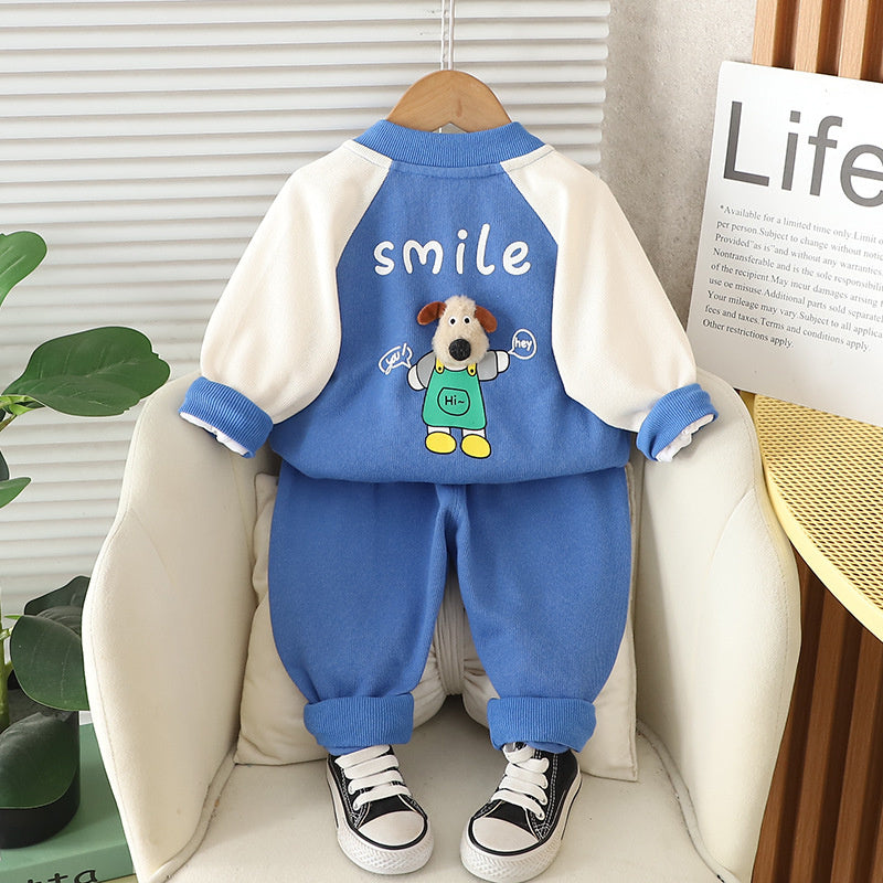 Boys' Outfit 2025 New Children's Cute Apron Puppy Three-Piece Set for 1 to 3 Years Old Baby Spring and Autumn