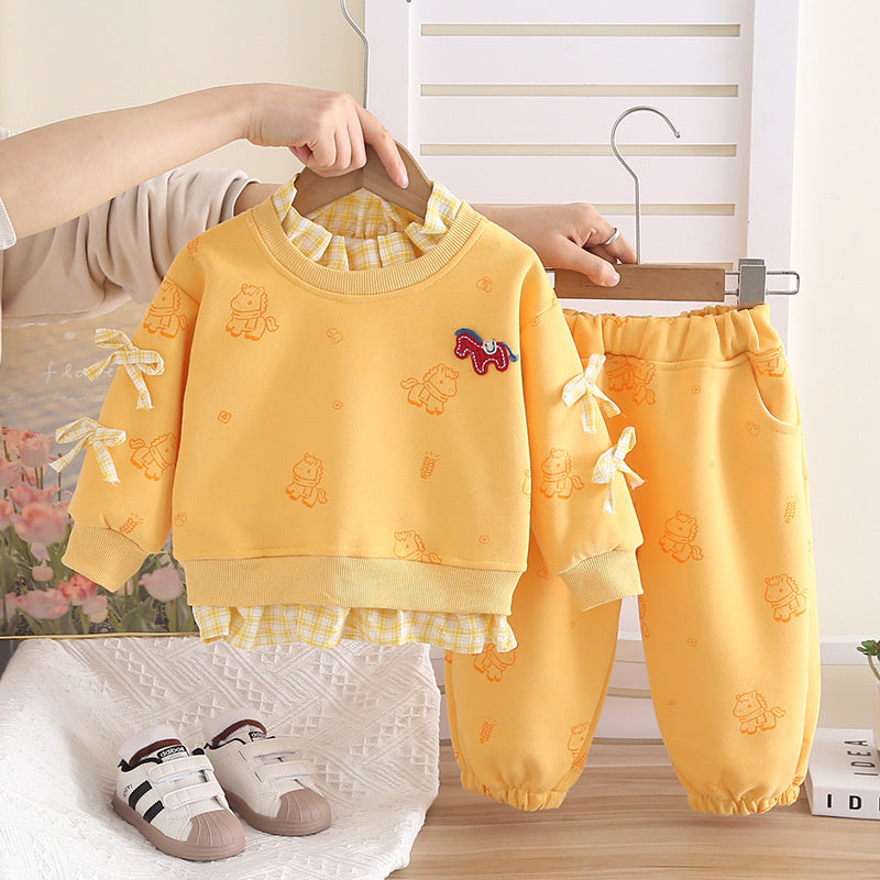 Girls' and Autumn 2026 New Stylish Children's Clothing Full Print Pony Sweatshirt Spring Outfit Baby Girl Long Sleeve Two-Piece Set