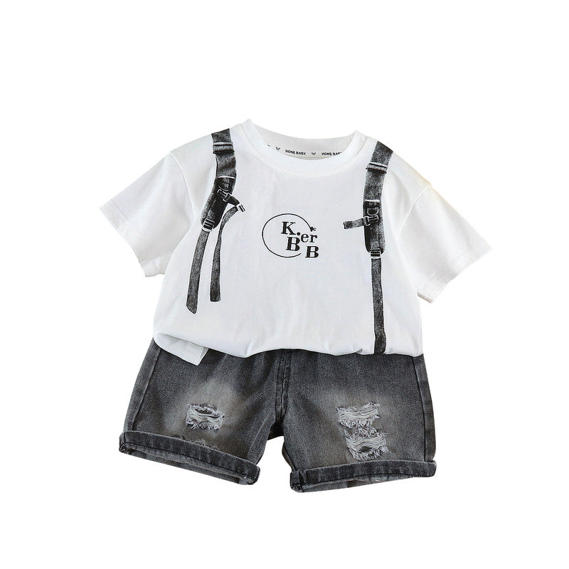 Children's Sports Outfit 2026 Summer New Style Boys and Girls Faux Backpack Short Sleeve Baby Casual Shorts Cute Two-Piece Set