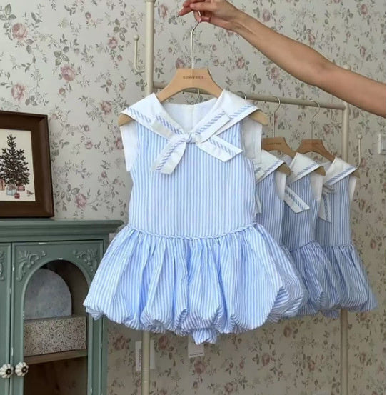Girls' French Navy Collar Blue Striped Dress, Stylish and Elegant Slim Fit Bud Dress N222