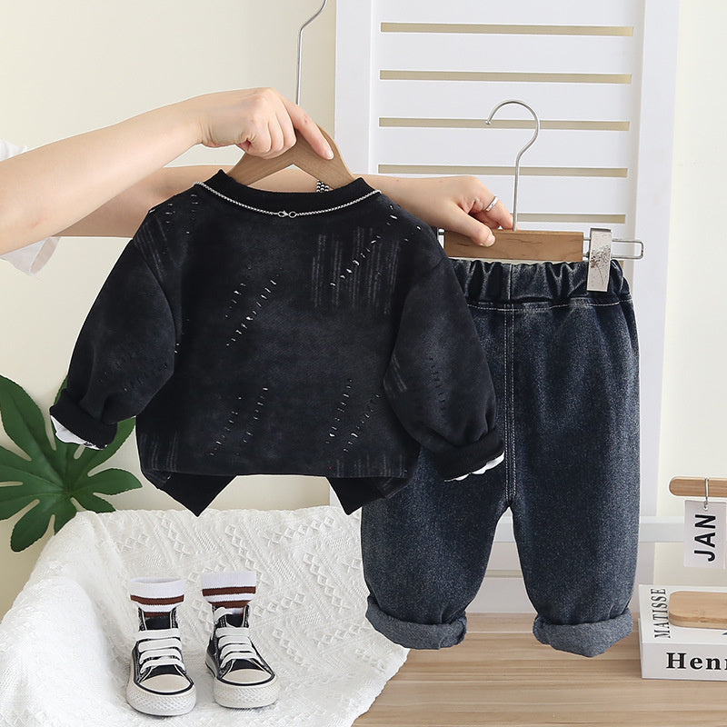 Boys' Spring Outfit Set, Spring-Autumn 2026 New Fashionable Tie-Dye Letter Sweatshirt and Pants, Stylish for Little Boys