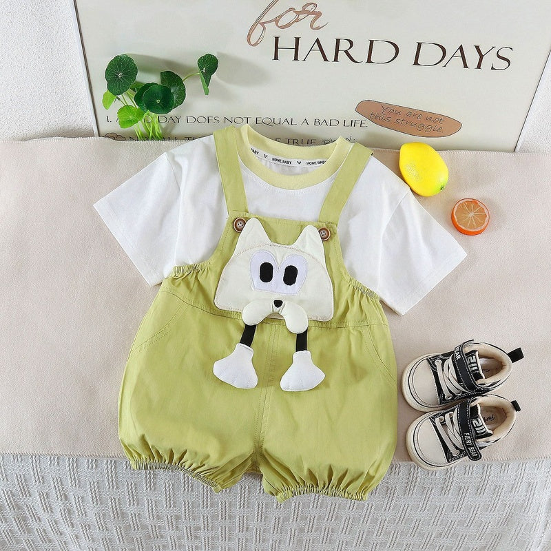 Baby 2026 Long-Pants Dog Overalls Short-Sleeve Korean Style Infant Boy Summer Clothes Two-Piece Set