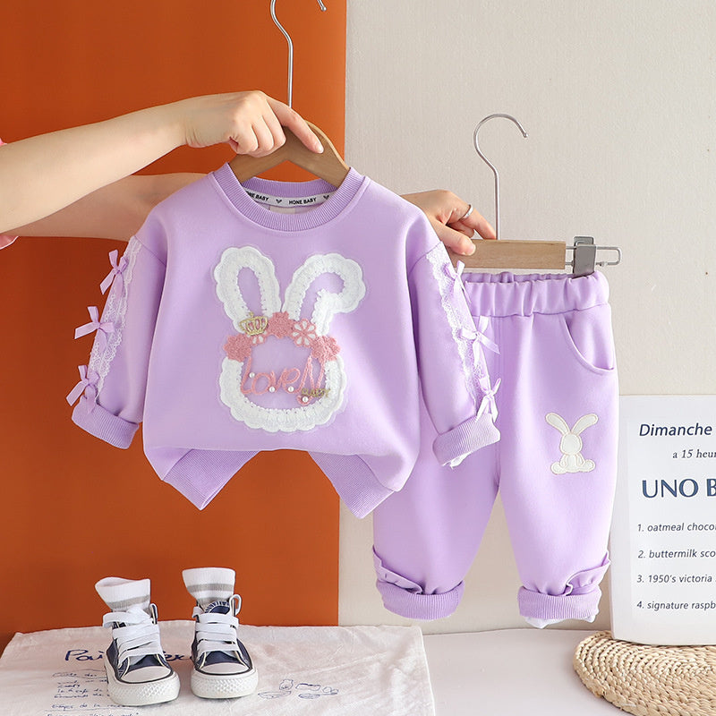 Girls' Fashionable Outfit 2 Children's Lace Bunny Clothes Baby Cute Toddler Clothing 1-Year-Old Girl Spring Autumn Set