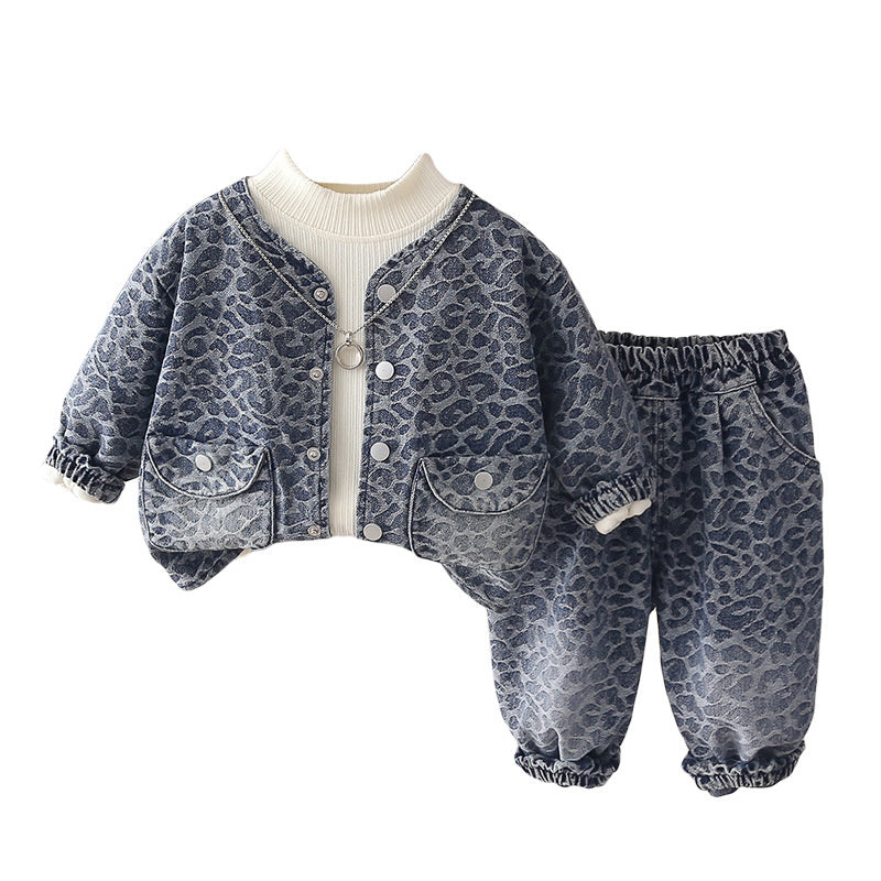 Girls' Outfit 2026 Children's Leopard Print Denim Three-Piece Set Baby Korean Style Spring and Autumn Fashion New Wholesale