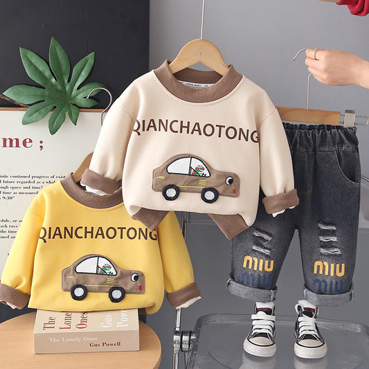 Boys' Spring Outfit: Stylish and Fashionable Cartoon 3D Car Two-Piece Set, Handsome Toddler Casual Baby Clothes