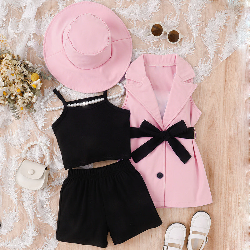 European American summer girls' outfit: four-piece set for young children including camisole, shorts, sleeveless blazer, and hat