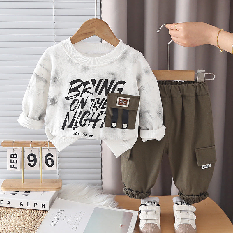 Cool stylish outfit for boys, trendy children's clothing, baby boy spring autumn two-piece set with pockets and letter print