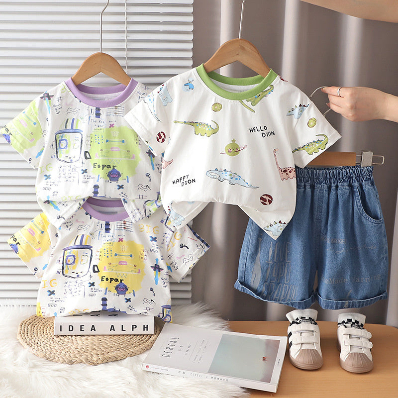 Boys' Outfit Short Sleeve 2026 New Fashionable Baby Children's Full-Print Cartoon Two-Piece Set Summer Toddler Clothing