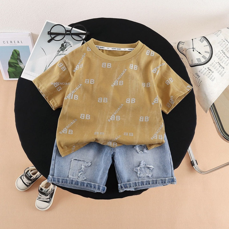 Boys' Outfit 2026 New Trendy Baby Summer Letter Print Short Sleeve Clothes Children's Fashionable Two-Piece Set