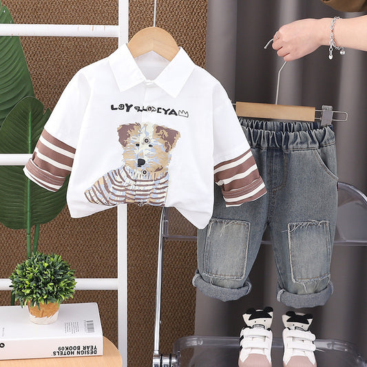 Outfit 2025 New Casual Baby Puppy Patchwork Two-Piece Set Spring and Autumn Infant Boys' Clothing