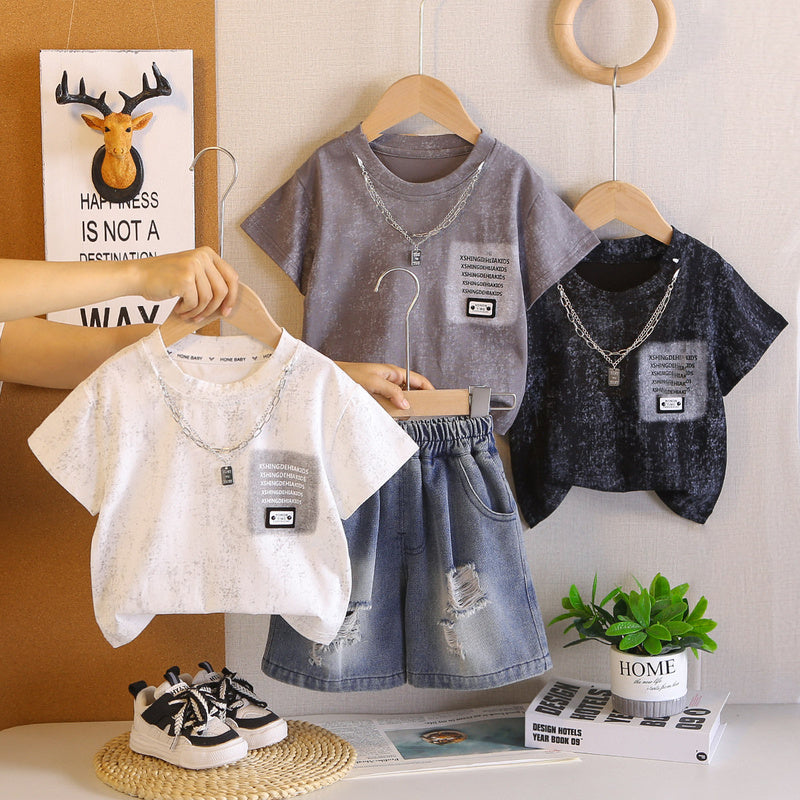 Boys' Outfit 2026 New Style Baby Pocket Necklace Korean Fashionable Children's Clothing Versatile Trendy Summer Two-Piece Set