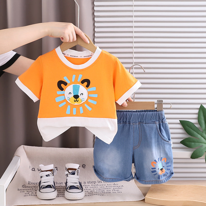 New Outfit for Boys: Children's Summer Color-Block Lion Head Two-Piece Set, Stylish Baby Clothes, Trendy Wholesale