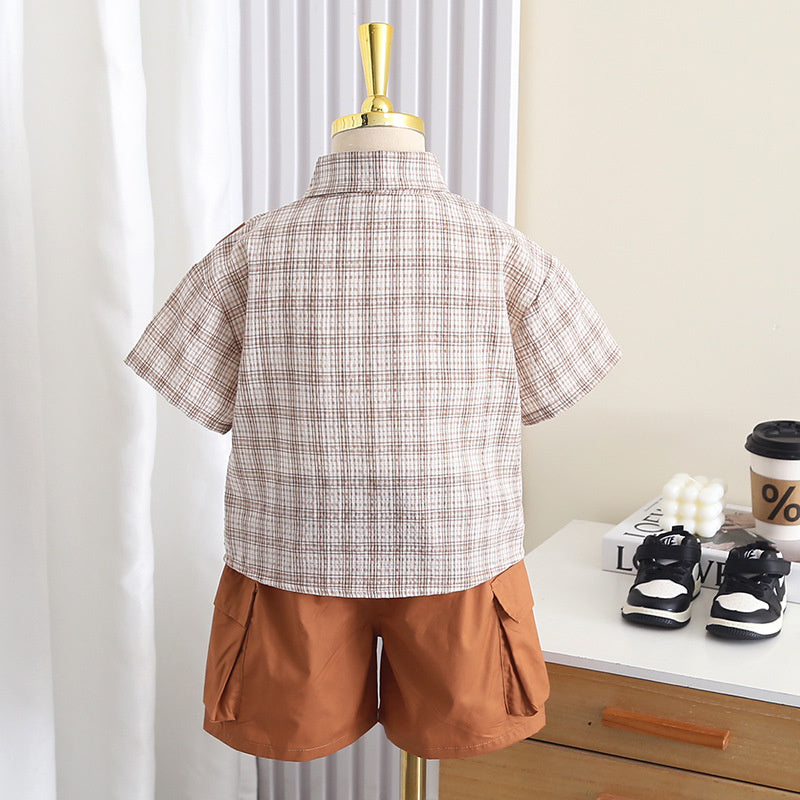 Boys' Outfit 2026 New Short-Sleeve Stylish Toddler Summer Clothes Patchwork Plaid Three-Piece Set Baby Trendy