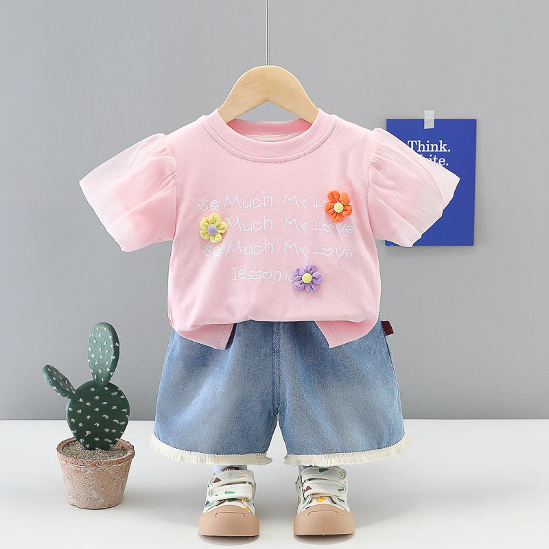Girls' Outfit 2026 New Fashionable Baby Summer Clothes Three-Flower Short-Sleeve Two-Piece Set Children's Clothing