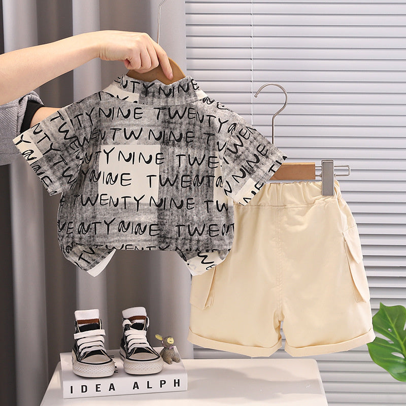 Boys' Outfit 2026 New Fashionable Toddler Summer Pocket Letter Shirt Short Sleeve Lightweight Clothing
