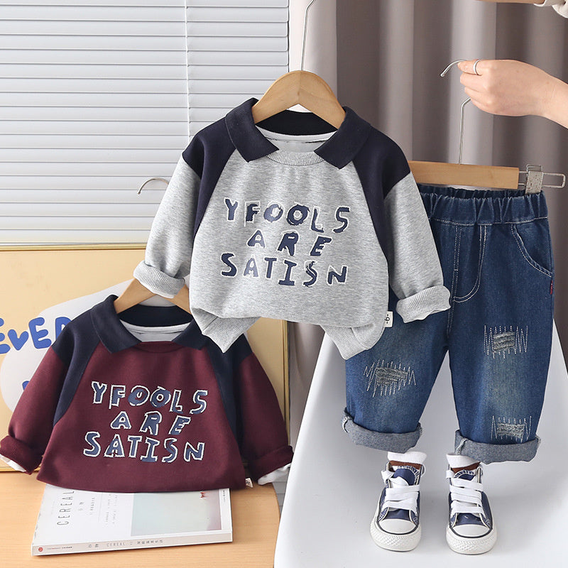 Boys' and Autumn Letter Collar Sweatshirt Set 2026 New Children's Spring Sportswear Fashionable Korean Style for Babies