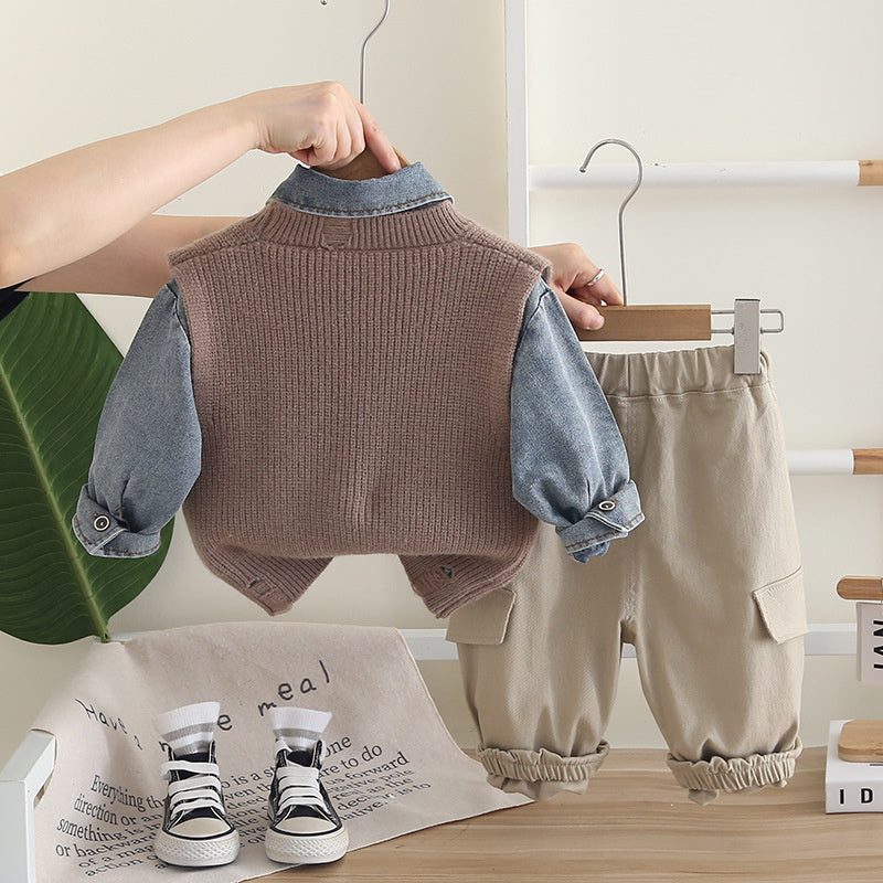 2025 Spring and Autumn Boys' Fashionable Denim Shirt, Long-Sleeve Letter Sweater, Vest, Casual Cargo Pants Three-Piece Set Wholesale