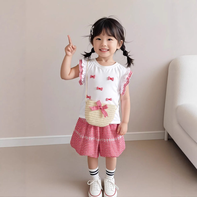 Girls' Outfit: Stylish and Fashionable Children's Clothing, Summer Bow Short-Sleeve Two-Piece Set for 1-Year-Old Baby Girls