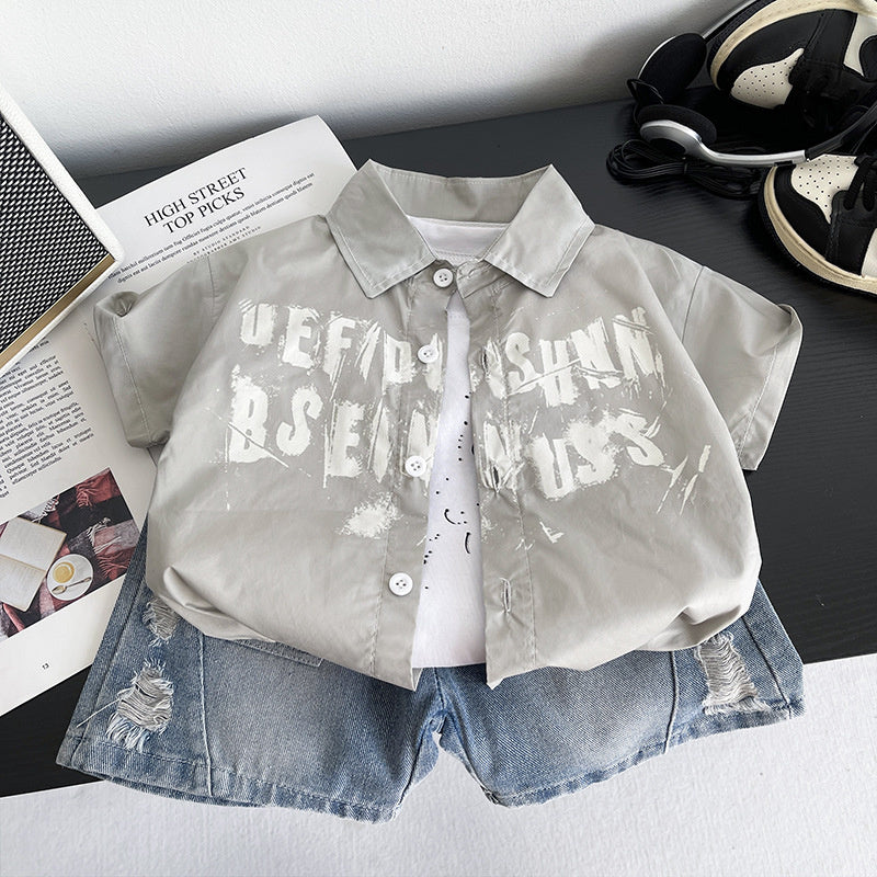 Boys' 2026 New Stylish Children's Short-Sleeve English Shirt Three-Piece Set Baby Summer Fashion