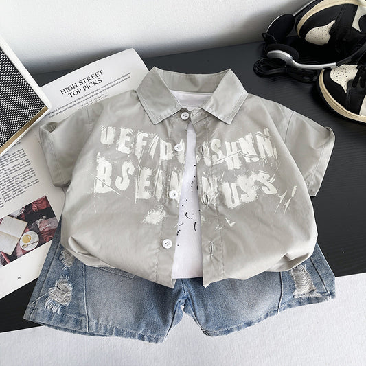 Boys' 2026 New Stylish Children's Short-Sleeve English Shirt Three-Piece Set Baby Summer Fashion