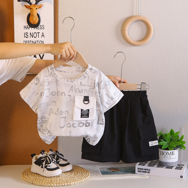 Boys' Summer Outfit 2026 New Korean Style Short Sleeve Casual Two-Piece Set with English Pocket for Toddlers