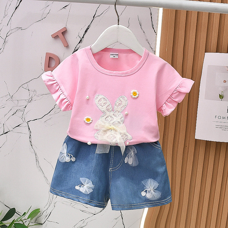 Girls' Clothing 2024 New Summer Korean Style Pure Cotton Set Baby Girls, Short Sleeve Two-Piece Outfit for Young Girls