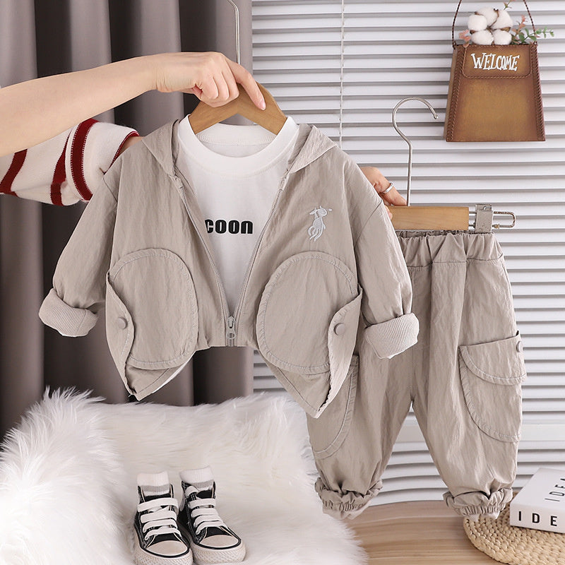 Spring Outfit 2026 New Trendy Stylish Fashionable Children's Clothing Boys' Solid Color Hooded Three-Piece Set