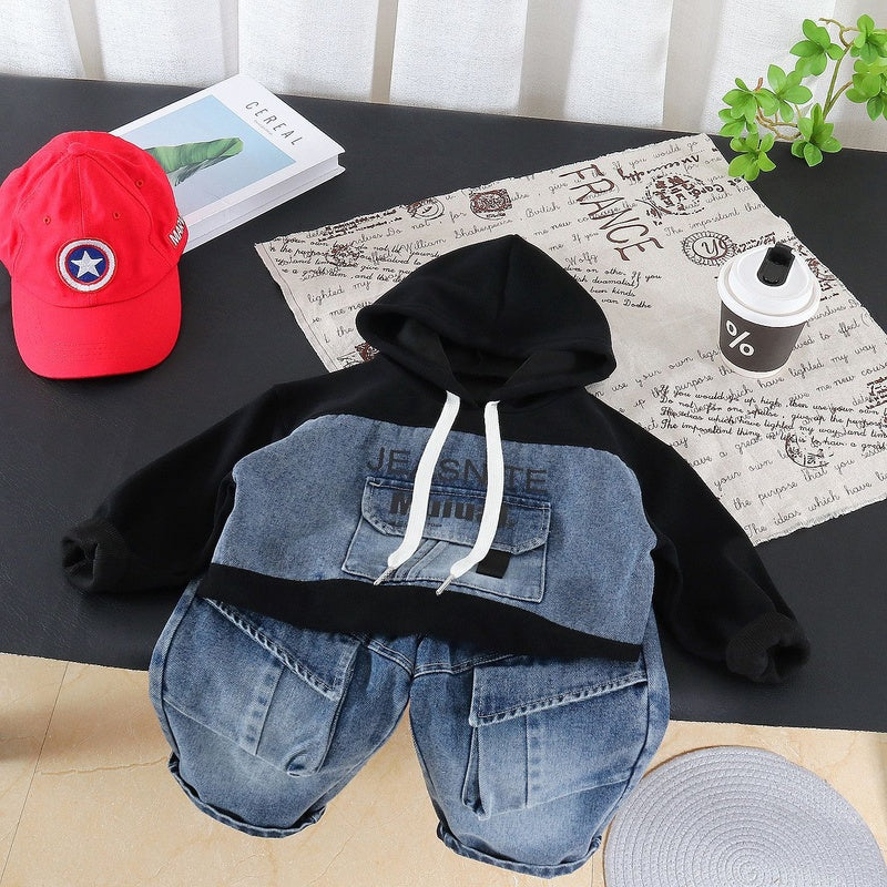 Boys' Spring and Outfit 2026 New Fashionable Children's Hooded Sweatshirt with Large Pockets Two-Piece Set Baby Autumn Casual Wear