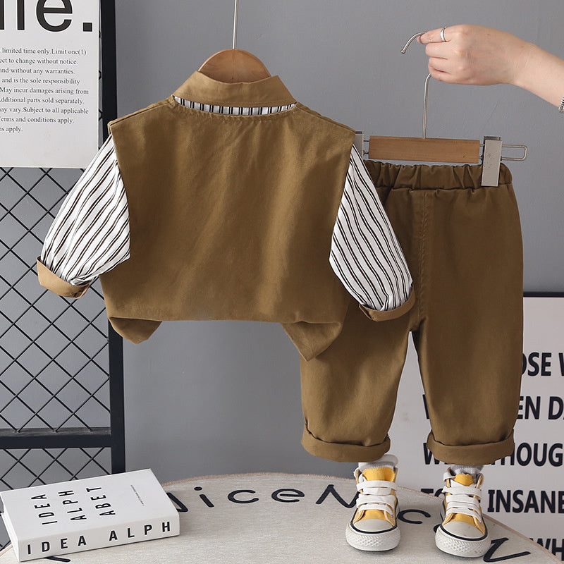 Boys' Outfit 2026 New Fashionable Children's Washed Cotton Three-Piece Set Baby Spring and Autumn Casual Trend