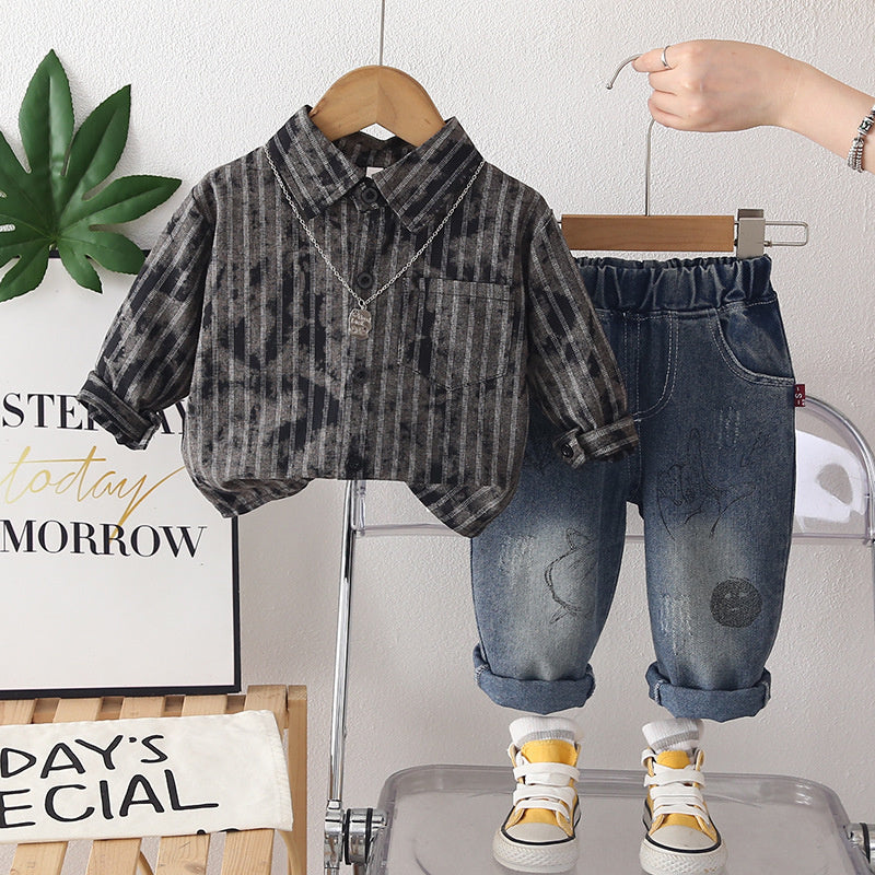 Boys' Suit 2026 New Spring and Autumn Style Children's Fashionable Striped Shirt Baby Casual Two-Piece Set Trendy Wholesale
