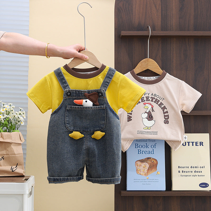 Children's Duck Denim Overalls 2025 New Boys' Summer Thin Short Sleeve Two-Piece Set Trendy