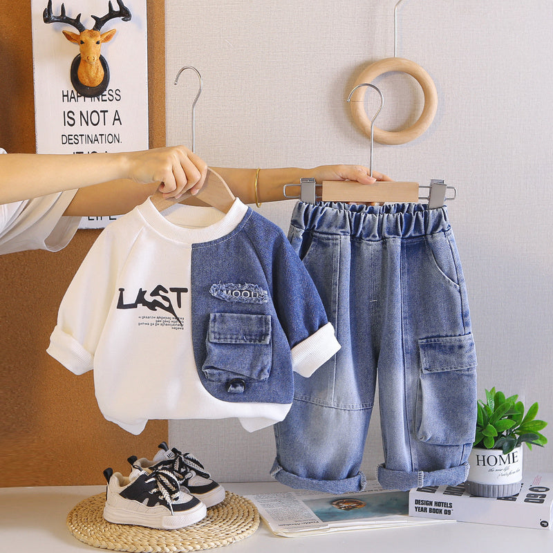 Boys' Outfit Set 2026 Casual Long Sleeve New Two-Piece Fashionable Baby Spring and Autumn Children's Patchwork Sweatshirt
