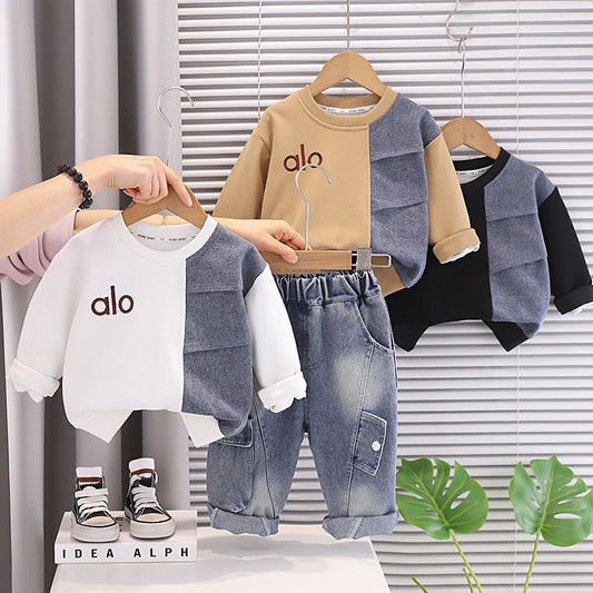 Boys' Outfit Korean Style Children's Stylish Letter Color Block Sweatshirt 2026 New Baby Spring and Autumn Two-Piece Set Trendy