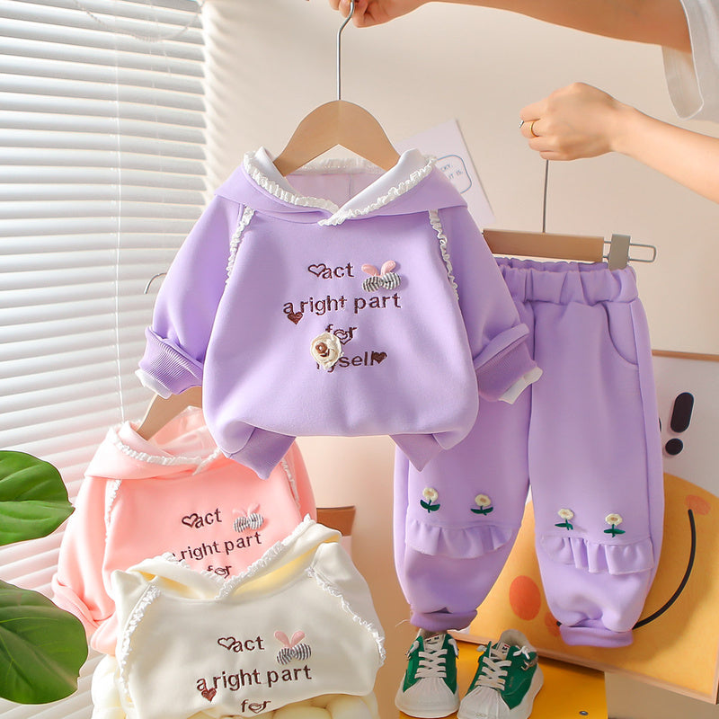 Girls' Autumn 2026 New Fashionable Spring Outfit Baby Lace Hooded Sweatshirt Cartoon Two-Piece Set for Infants and Children