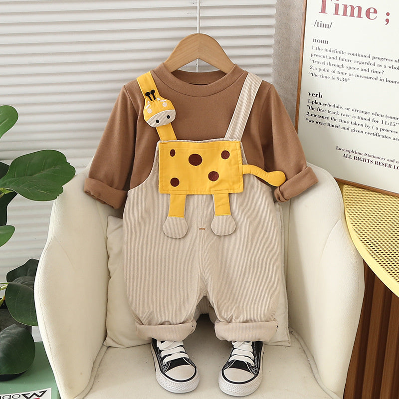 Boys' Spring and Autumn Outfit 2025 New Stylish Children's for Boys Aged 1 to 3 with Giraffe Strap Two-Piece Set
