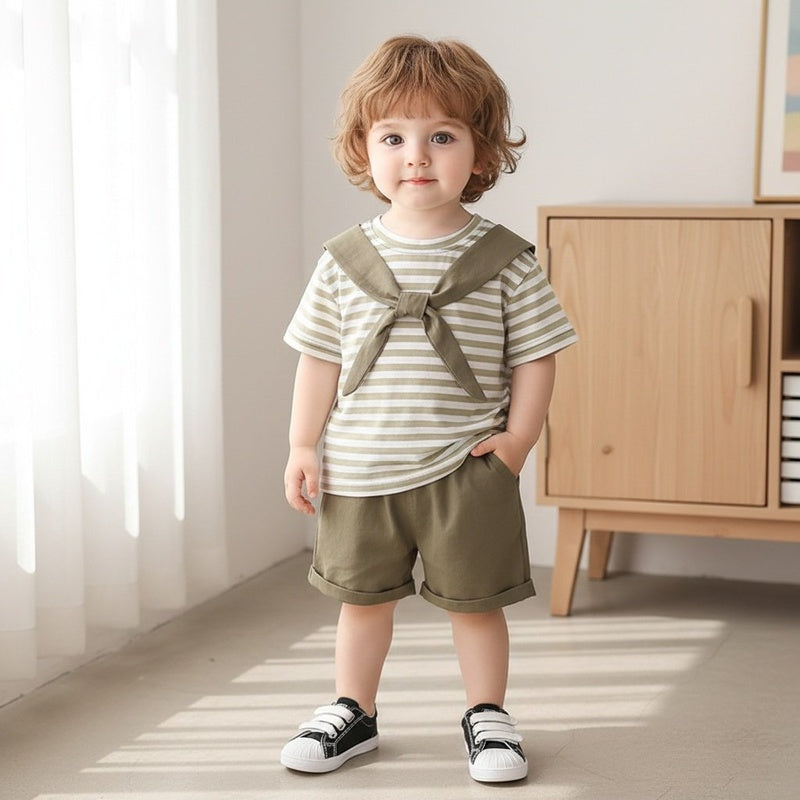 Boys' Outfit 2026 New Fashionable Toddler Summer Round Neck Striped Shawl Short Sleeve Thin Clothing