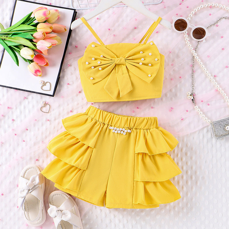 Baoxin Children's Clothing Cross-Border European and American Summer New Girls' Outfit: Pearl Bow Strap Top + Cake Hem Shorts