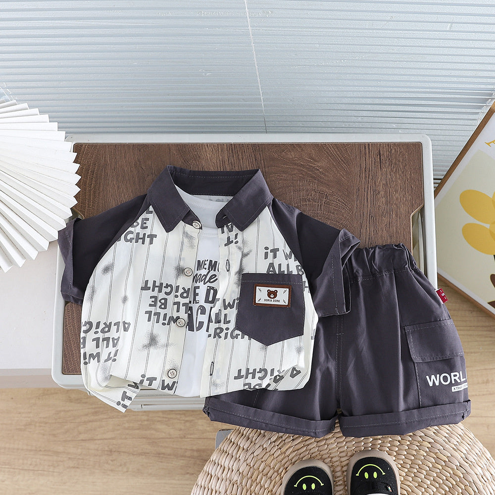Baby boy letter print striped shirt three-piece 2026 new style infant summer short-sleeve set