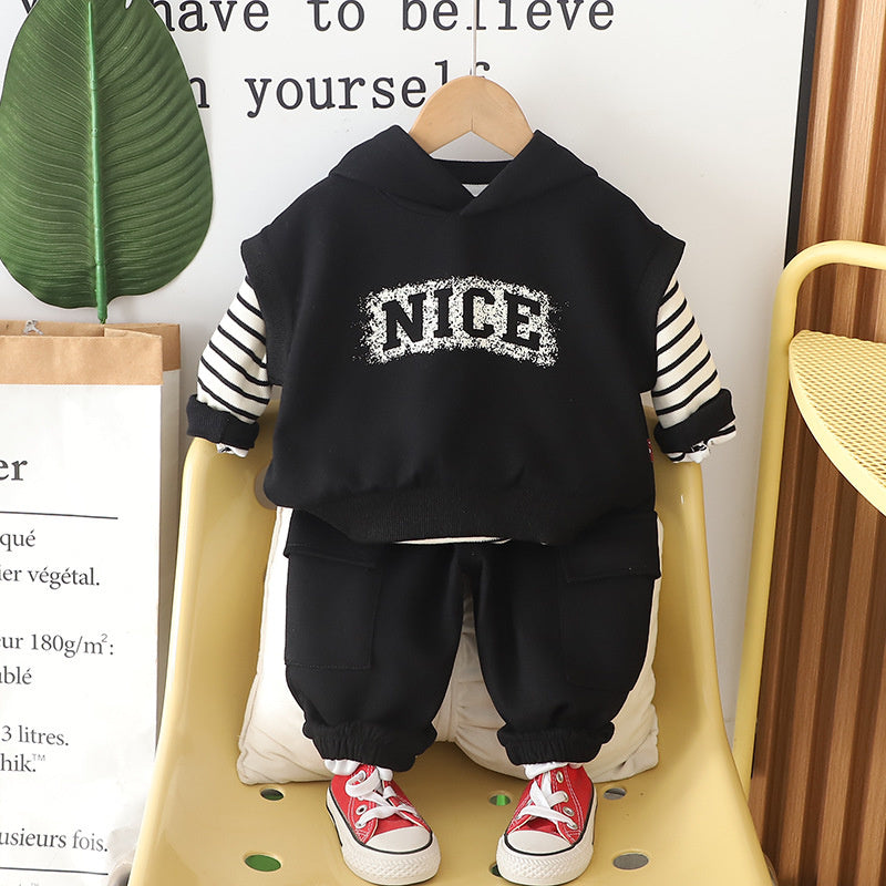 Outfit 2025 Fashionable Children's Clothing Spring and Autumn New Boys' Clothes Hooded Vest Three-Piece Set