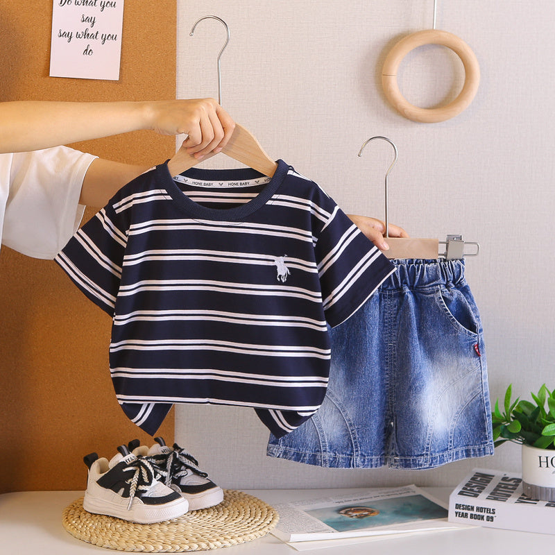 Boys' Round Neck Striped Short Sleeve 2026 New Children's Wear Baby Sports Summer Outfit Stylish Two-Piece Set