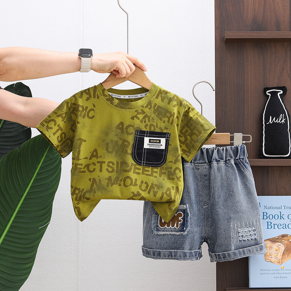 Boys' 2026 New Set: Infant and Toddler Pocket Short-Sleeve Casual Two-Piece Outfit Baby Summer Clothes